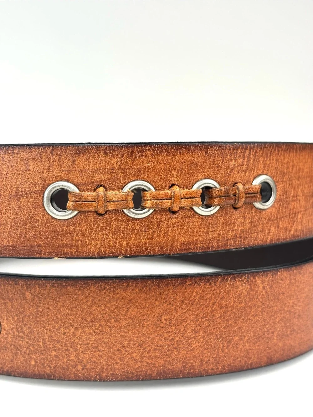 ROLFS Rustic Tan‎ Woven Leather Boho Western Belt Silver Grommets Ring Buckle LG
